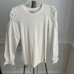 NWT Loft Cotton Ribbed White Cream Long Sleeve Top with Puff Shoulders size XS
